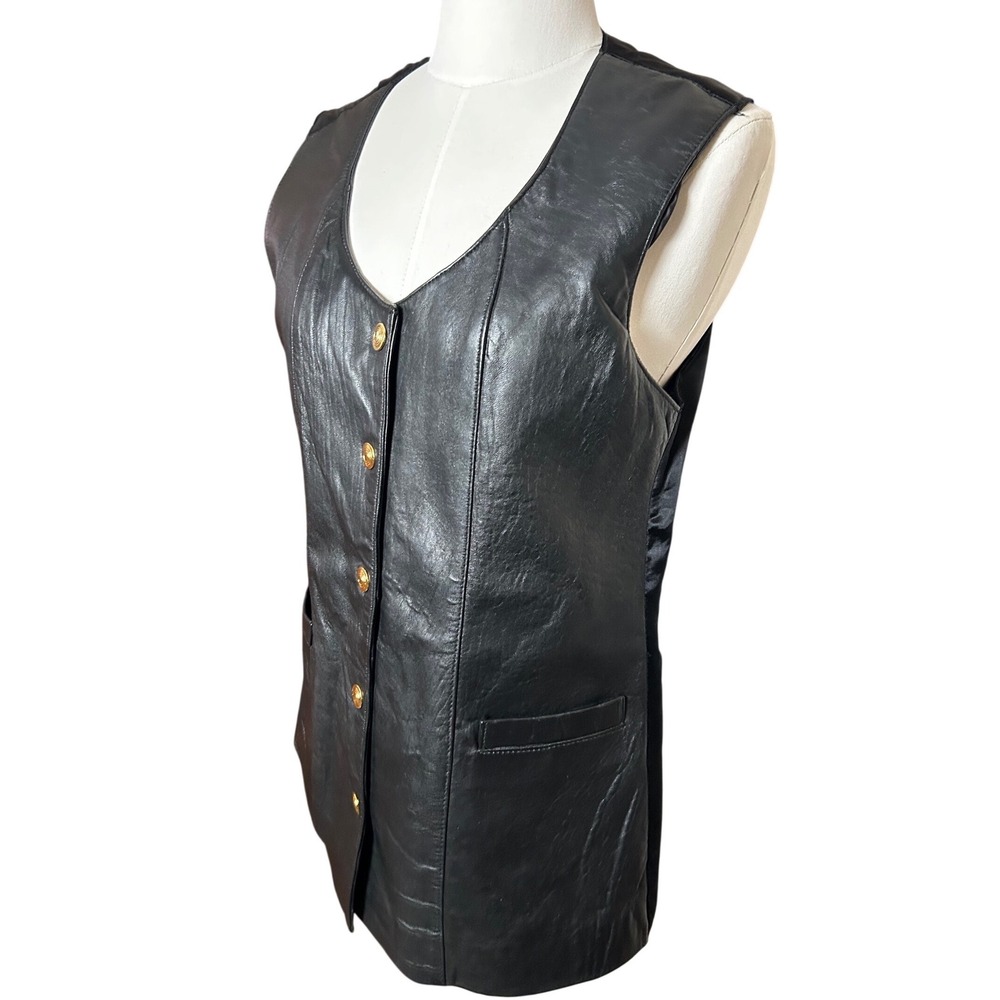 Studio Luis Alvear Vintage Black Leather Long Tunic Vest Gold Button Womens M